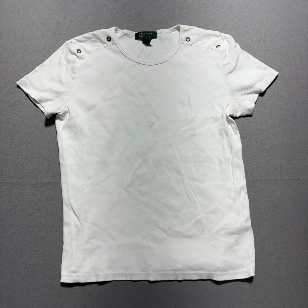 Lauren Ralph Lauren White Ribbed Cotton Grommet Shoulder Epaulet Tee Large